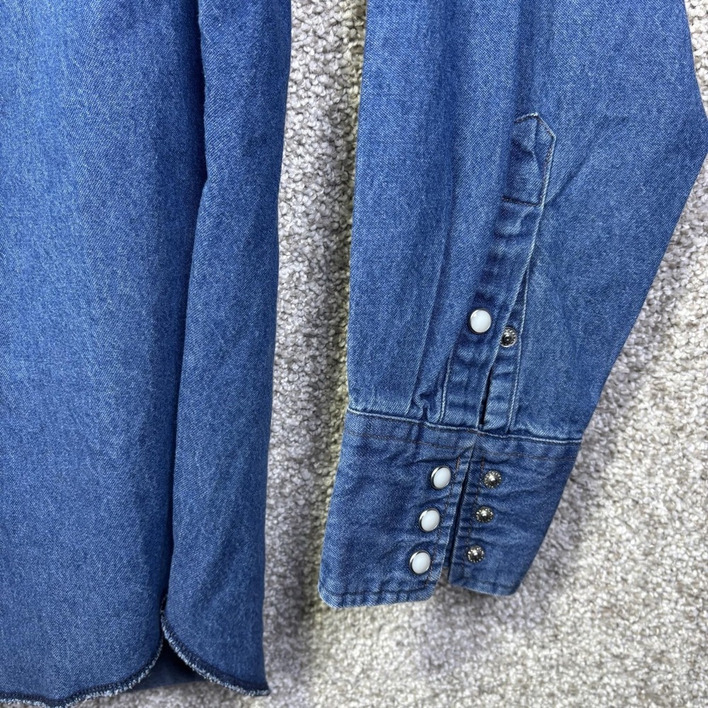 VTG Wrangler Shirt Mens Large Blue Solid Long Sleeve Pearl Snap Denim Western - Picture 2 of 6
